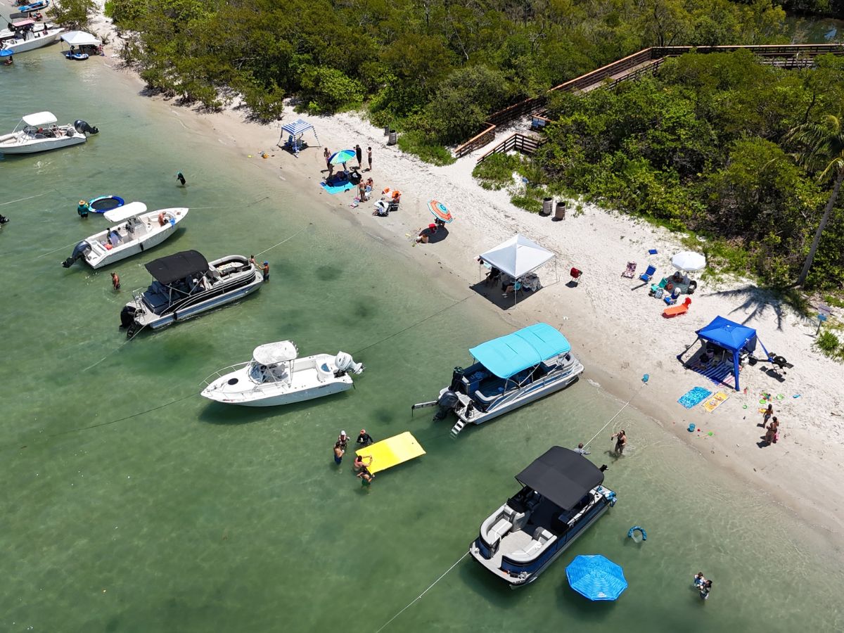 Aerial view of boats along the shoreline at Peanut Island in Palm Beach County, Florida